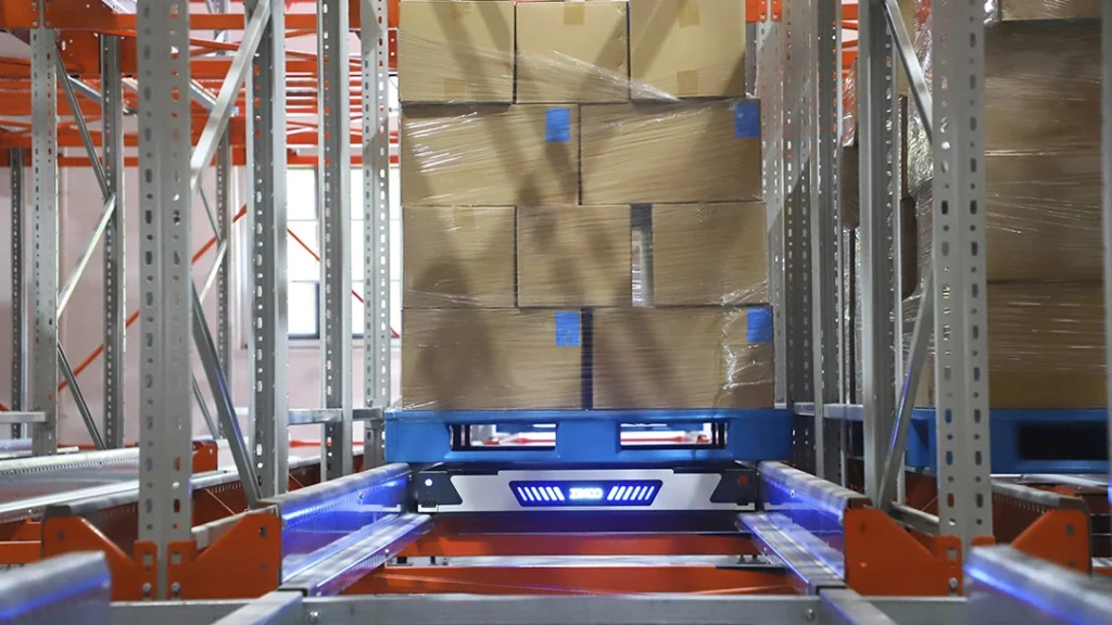 Four-Way Shuttle in Operation | Automated Pallet Handling for Fabric Rolls