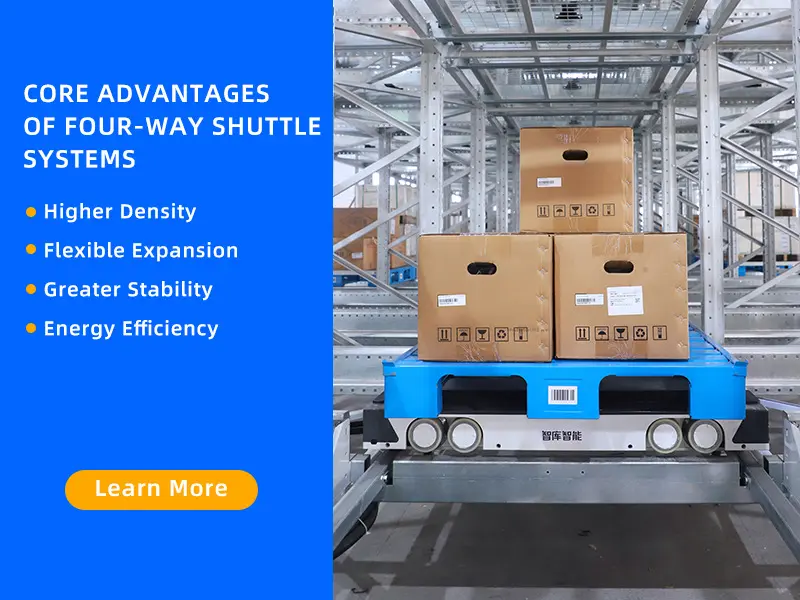 Four-way shuttle system designed for high-density automated storage and retrieval
