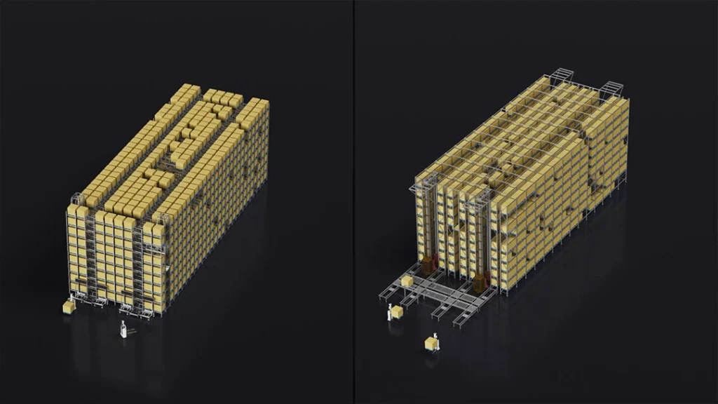 Dense storage solution using four-way shuttle for pallet warehouses