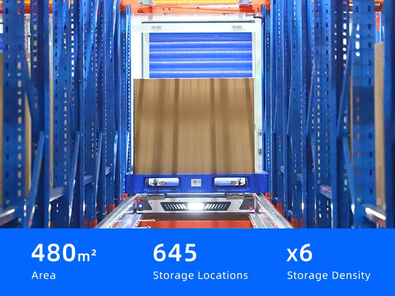 Four-way shuttle moving pallets inside high-density racking system