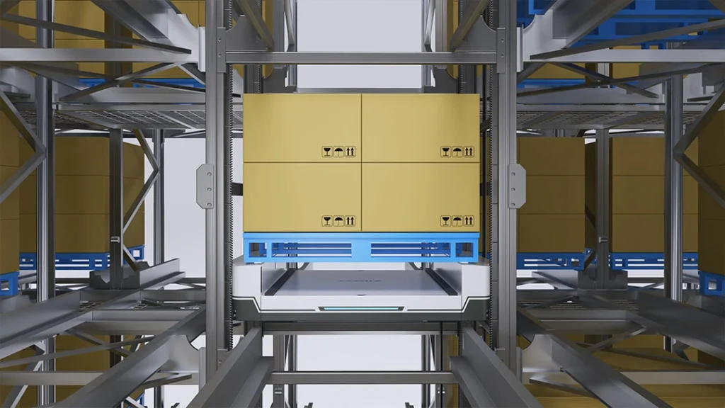 Four-way shuttle and lift working together in automated storage and retrieval system
