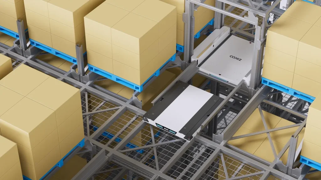 Four-way shuttle and lift working together in automated storage and retrieval system
