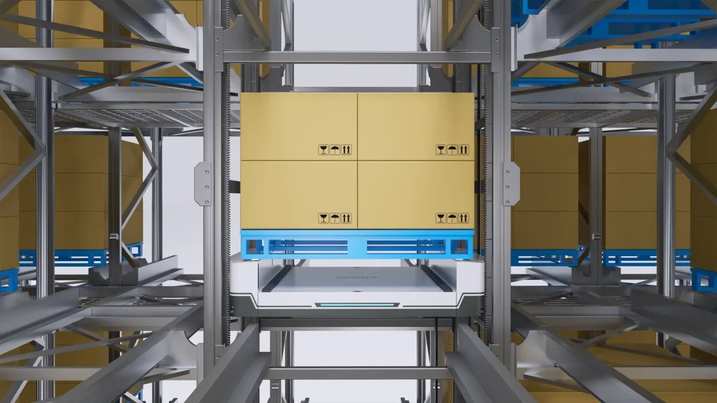 Four-way shuttle and lift working together in automated storage and retrieval system