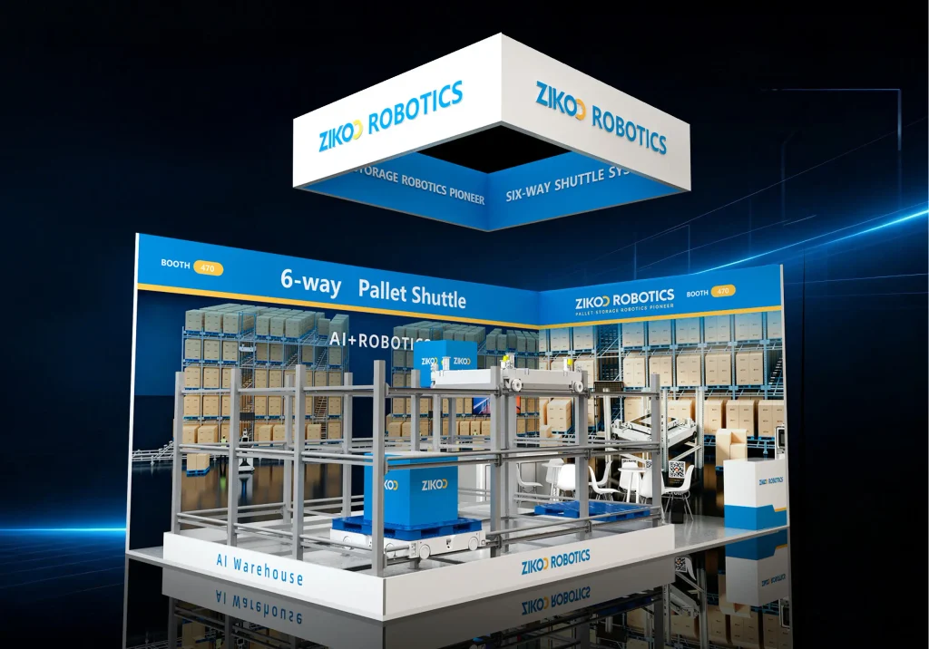sistema de almacén de inteligencia artificial de zikoo robotics y sistema de lanzadera de 6 vías en intra log expo sudamérica 2026